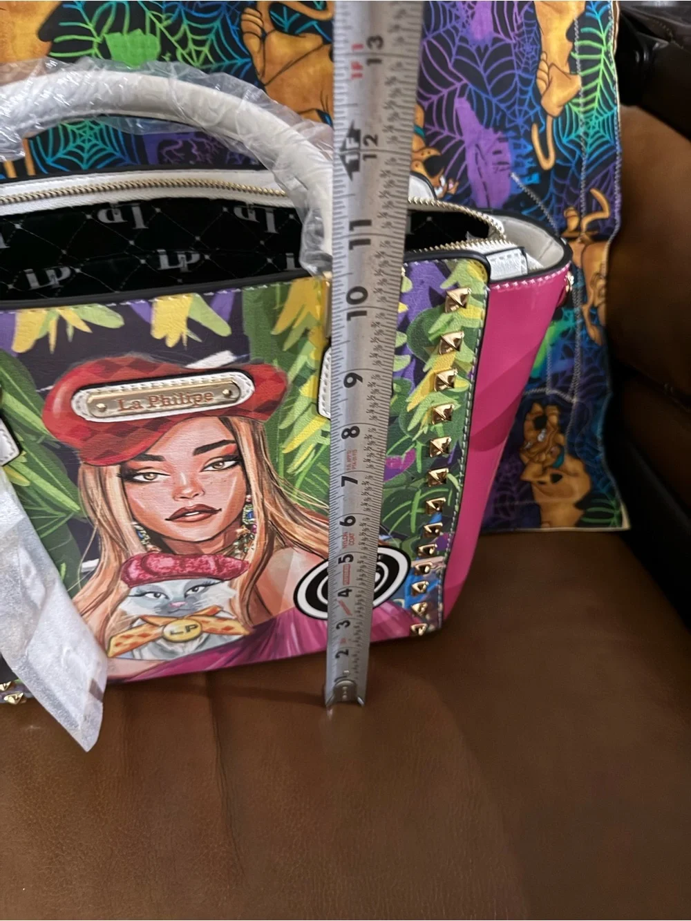 Pink Multi-Color Graphic Satchel with White Handles